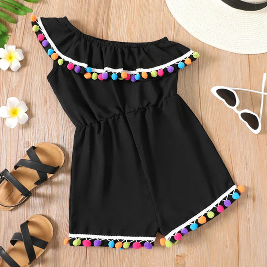 Kid Girl Pompom Design One Shoulder Flounce Romper Jumpsuit Short