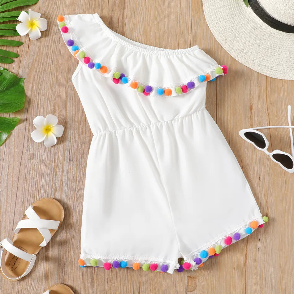 Kid Girl Pompom Design One Shoulder Flounce Romper Jumpsuit Short
