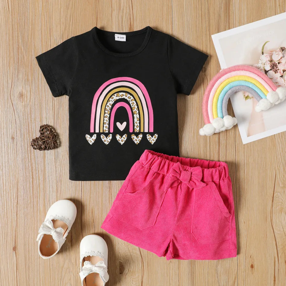 2-piece Toddler Girl Heart Rainbow Print Short-sleeve Black Tee and Bowknot Design Pink Shorts Set