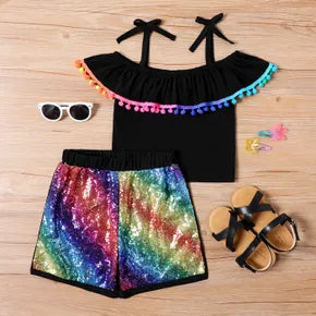 2-piece Kid Girl Pompom Design Bowknot Strap Top and Rainbow Sequined Shorts Set