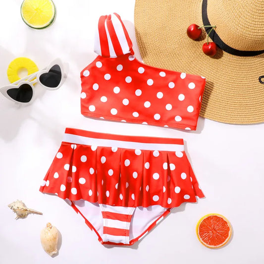 2-piece Kid Girl Polka dots One Shoulder Top and Briefs Swimsuit Set